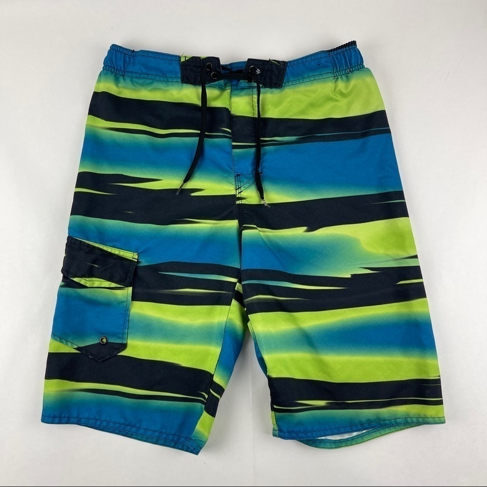 Hang Ten Swim Trunks Boys Large Blue Black Green Striped